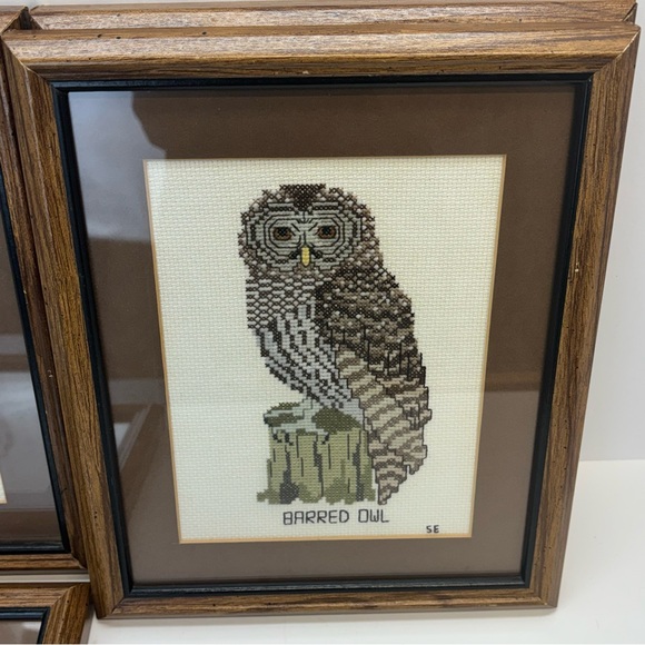 Four VTG 1970s MCM Cottagecore Embroidered Needlepoint Framed Owl 12x9” - Picture 5 of 8